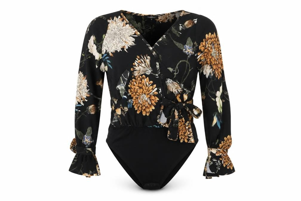 Boohoo Womens Black Floral  Bodysuit One-Piece Size 8