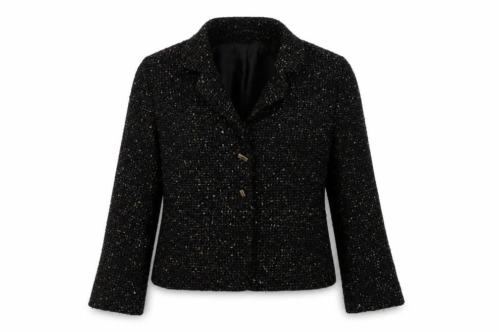 Front view of Minute women’s black jacket, size UK 12