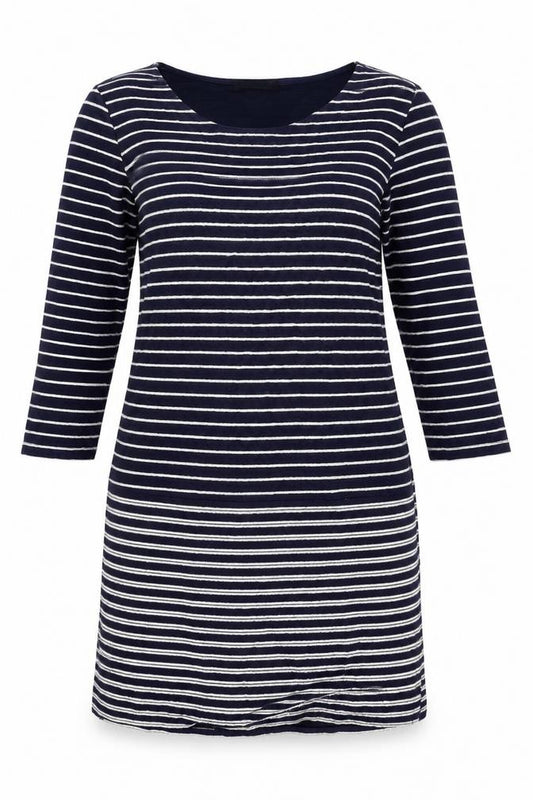 Front view of Bonmarché women’s blue striped a-line, size UK 12