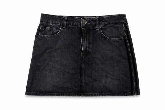 Front view of Zara women’s blue a-line skirt, size UK 28, in - distressed