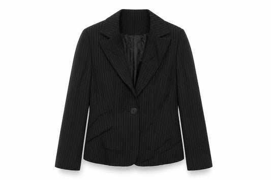 Front view of Papaya women’s black striped jacket suit jacket, size UK 12