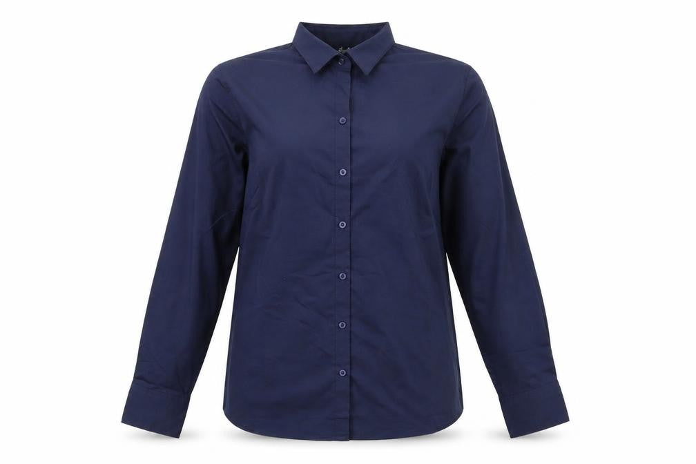 Front view of Premier women’s blue basic button-up, size UK 12