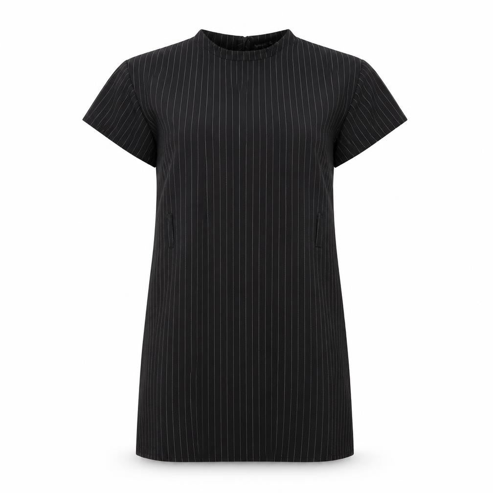 Front view of PRETTYLITTLETHING women’s black striped a-line, size UK 6