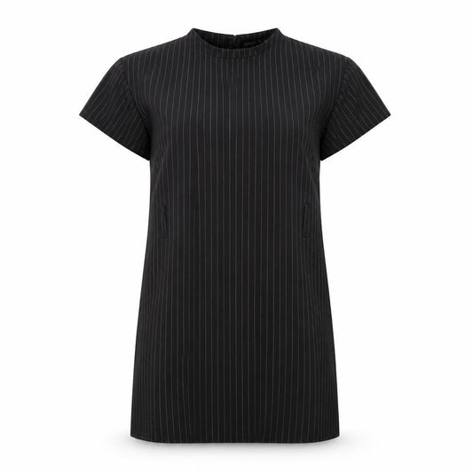 Front view of PRETTYLITTLETHING women’s black striped a-line, size UK 6