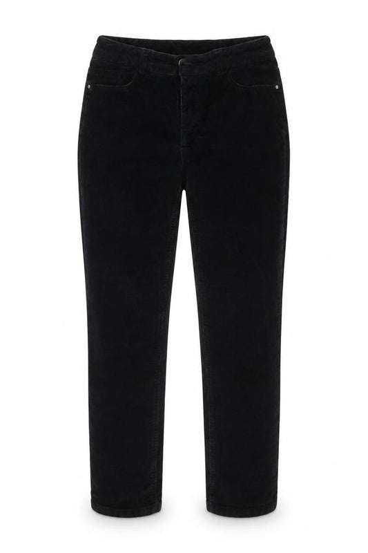 Front view of Tru women’s black corduroy capri jeans, size UK 10, 24-inch leg