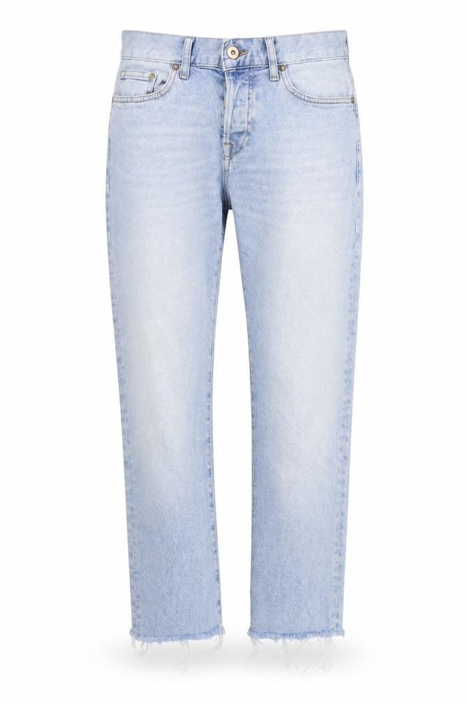 Front view of H&M women’s blue straight jeans, size UK 29, in, 32-inch leg