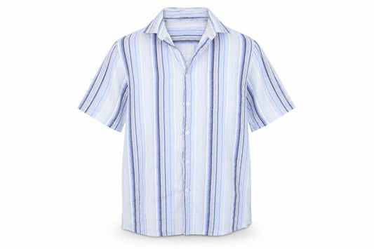 Front view of Cutting Edge men’s blue striped button-up, size L