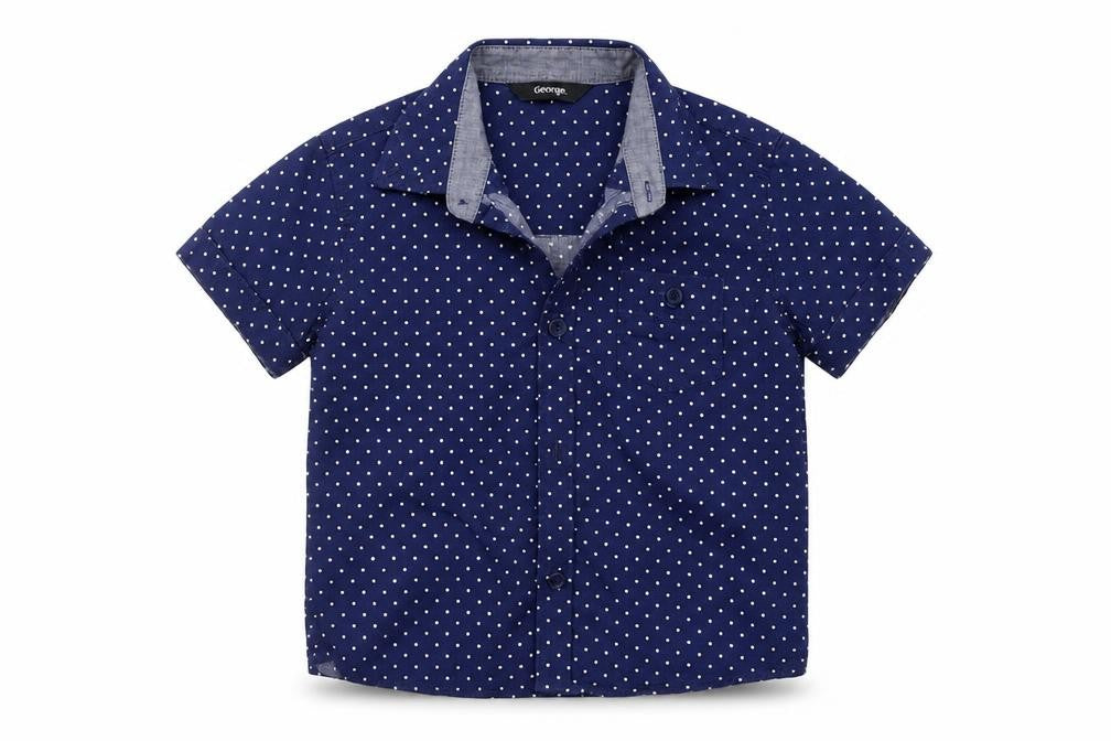 Front view of George boys’ blue polka dot basic button-up, size 12-18, months