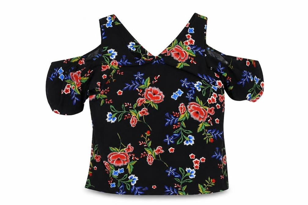 Front view of Peacocks women’s black floral basic blouse, size UK 14, - flowers