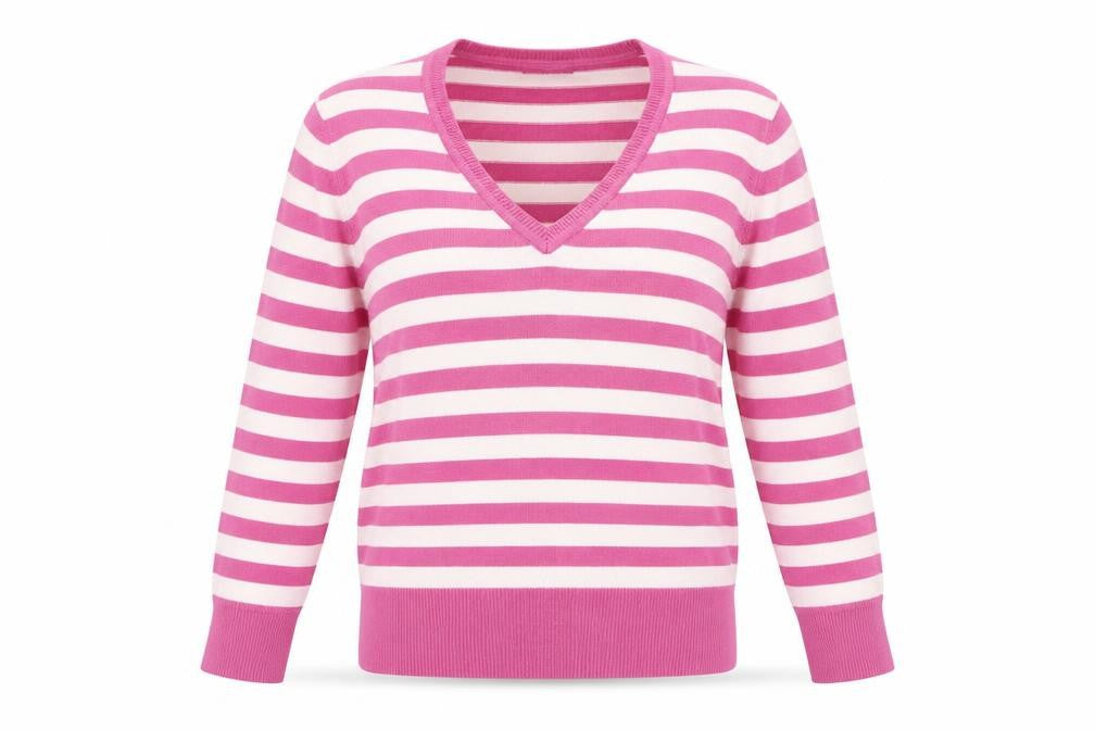 Front view of Bonmarché women’s pink striped jumper, size S