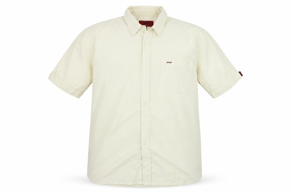 Front view of Pod men’s beige button-up, size XL