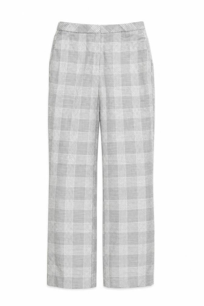 Front view of H&M women’s grey plaid trousers, size UK 10, 28-inch leg