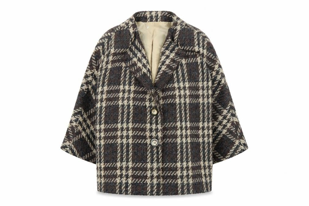 Front view of Preworn women’s brown plaid overcoat coatigan, size L