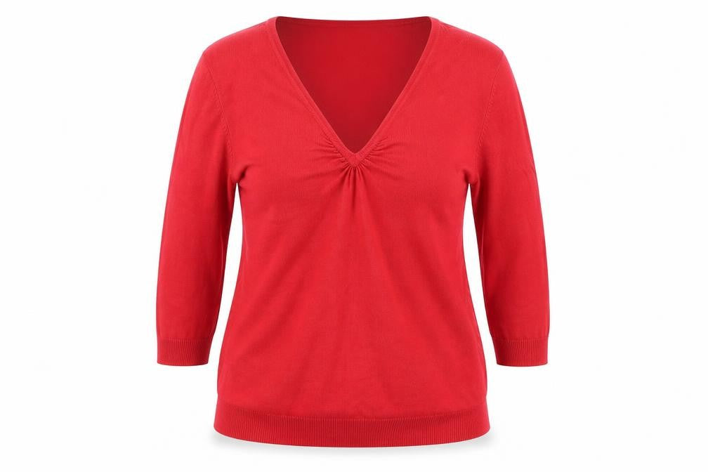 Front view of Marks & Spencer women’s red jumper, size UK 12