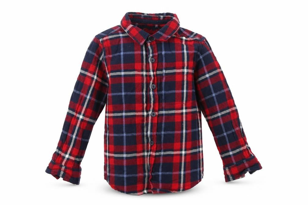Front view of Rebel boys’ red plaid basic button-up, size 3-4, years