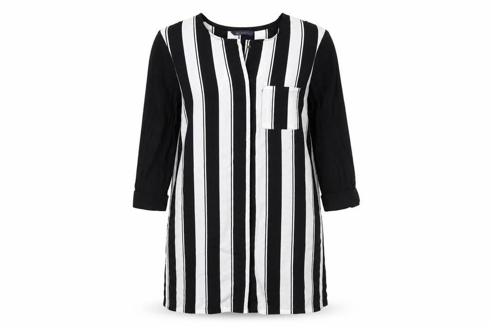 Front view of Marks & Spencer women’s black striped basic button-up, size UK 10