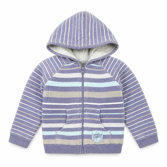 Front view of Preworn boys’ blue striped jacket, size 24, months