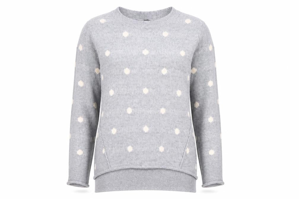 Front view of Aniston women’s grey polka dot jumper, size UK 10