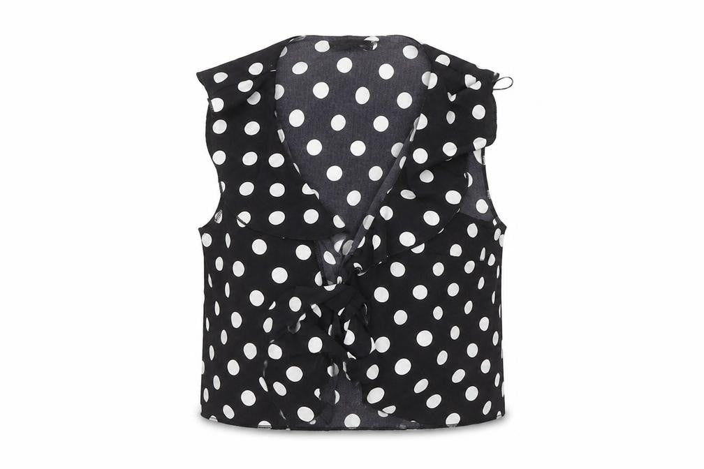 Front view of PRETTYLITTLETHING women’s black polka dot basic blouse, size UK 12