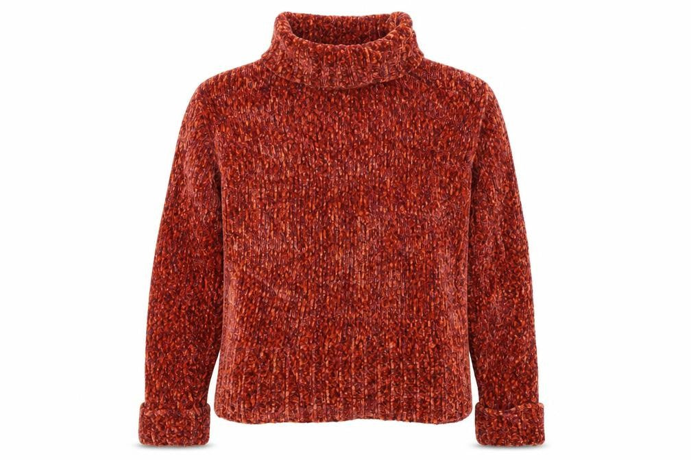 Front view of Debbie Morgan women’s orange jumper, size S