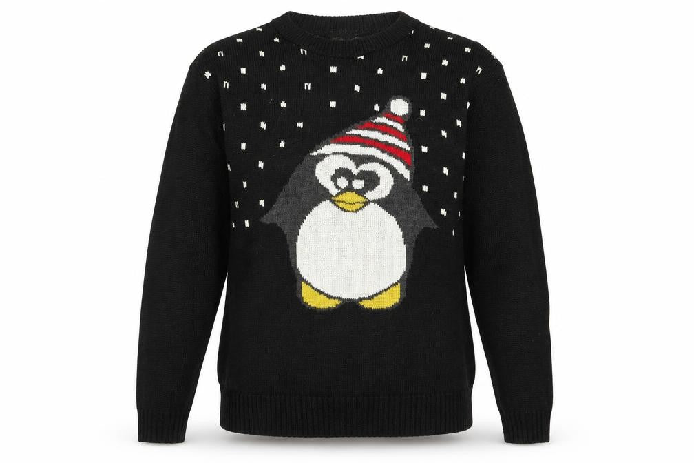 Front view of Oyisis women’s blue knit jumper, size M, - penguin