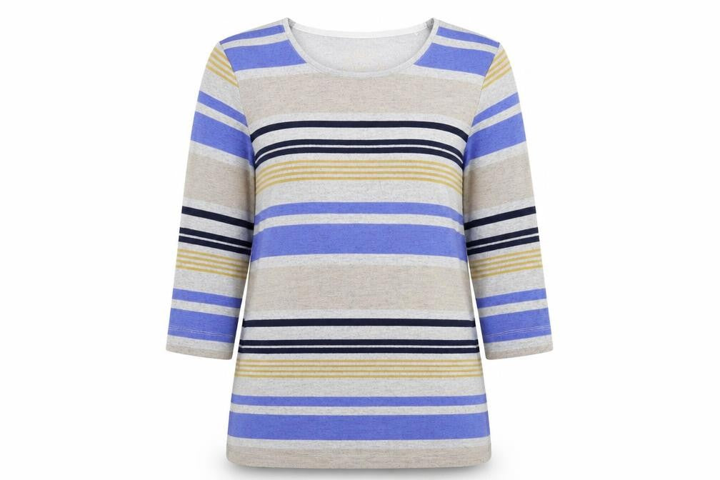 Front view of TIGI women’s multicoloured striped jumper, size UK 10