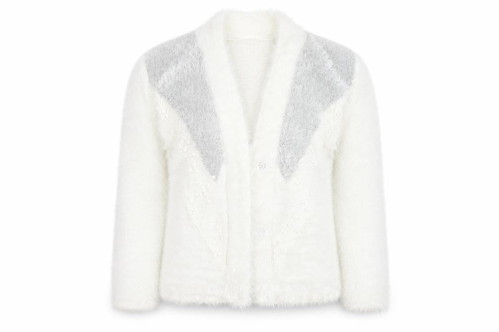 Front view of Preworn women’s ivory cardigan jumper, size L