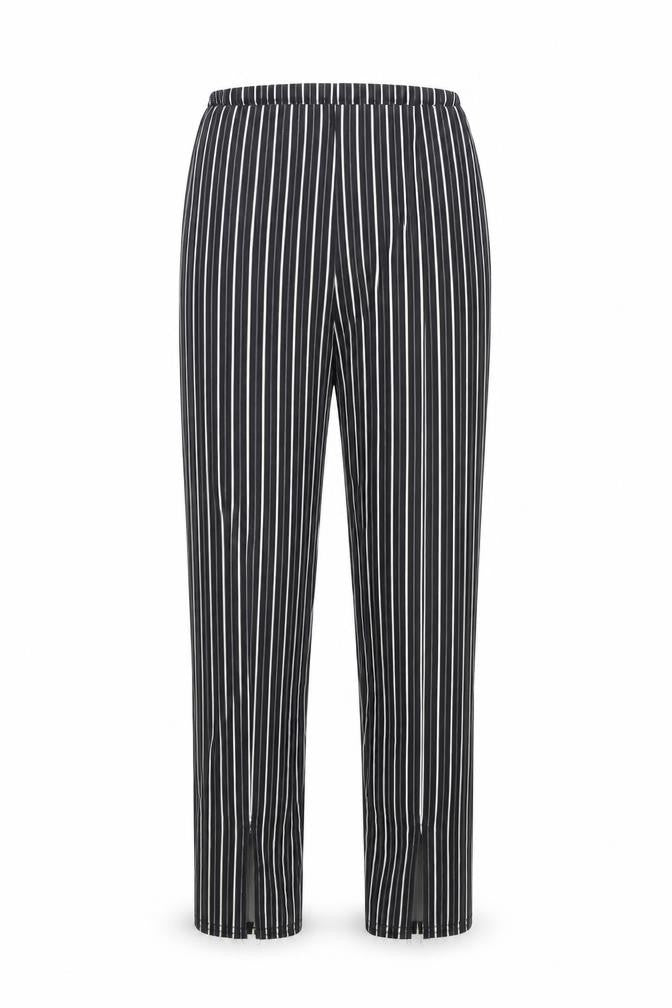 Front view of PRETTYLITTLETHING women’s black striped trousers, size UK 6, 23-inch leg