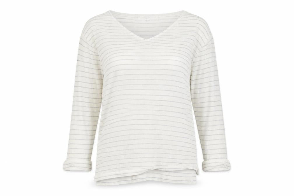 Front view of Next women’s white striped basic blouse, size UK 8