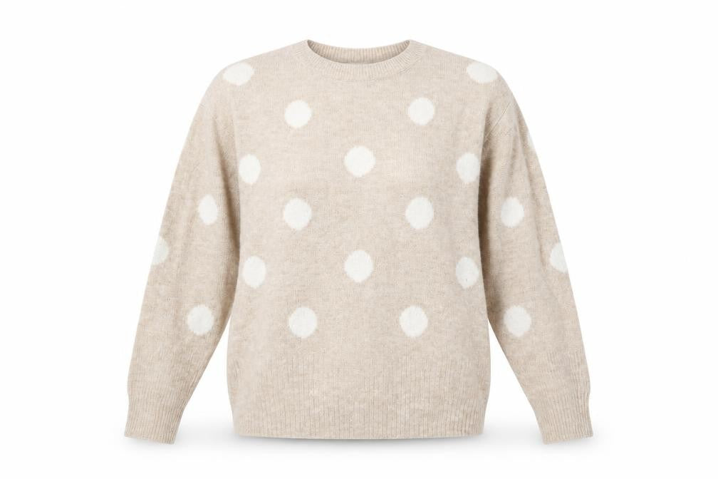 Front view of H&M women’s beige jumper, size M, - spotted pattern