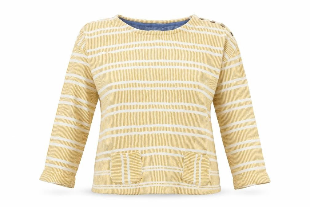Front view of Faithful women’s gold striped jumper, size UK 12