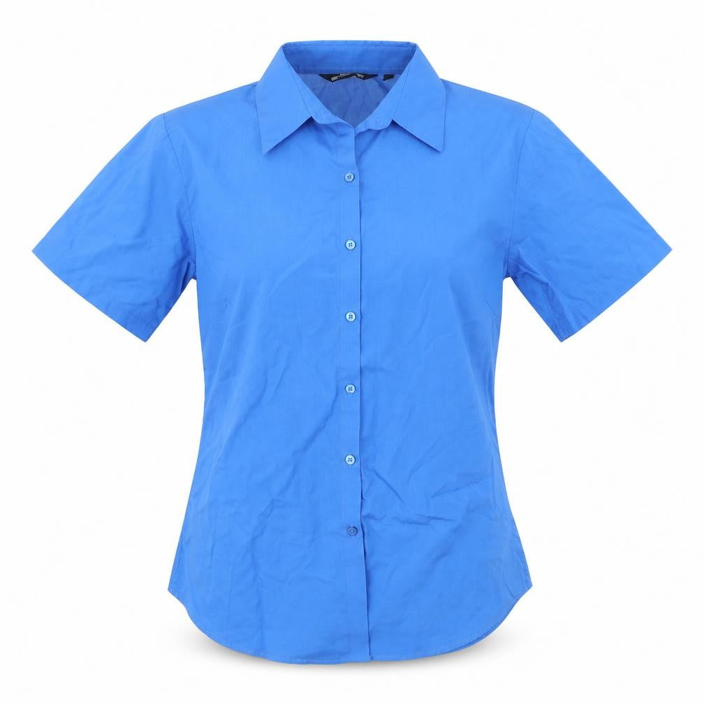 Front view of Premier women’s blue basic button-up, size UK 12