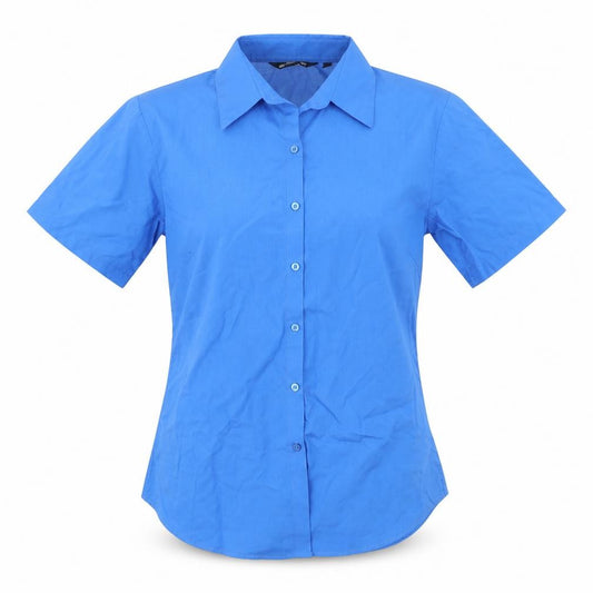 Front view of Premier women’s blue basic button-up, size UK 12