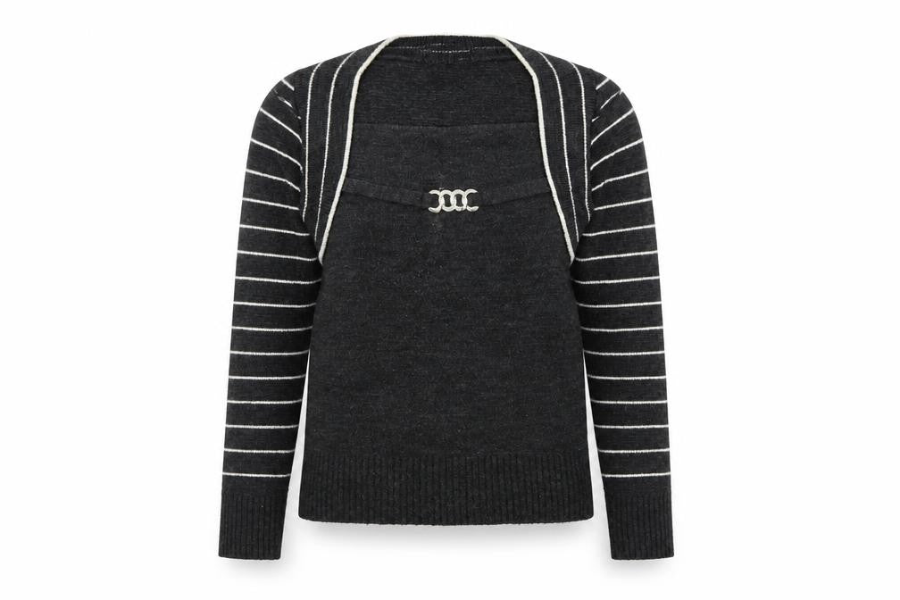 Front view of Impulse women’s grey striped jumper, size M