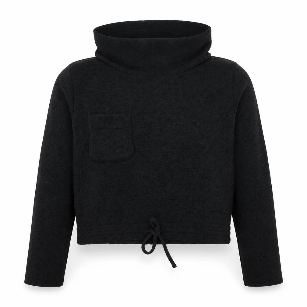Front view of H&M women’s black pullover sweatshirt, size UK 6
