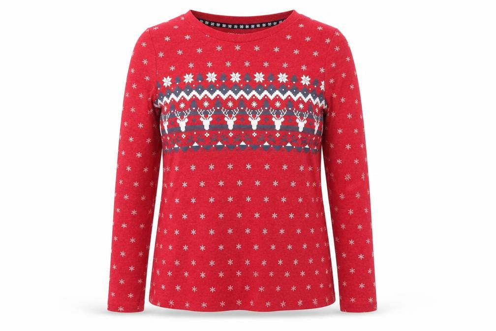 Front view of Primark women’s red geometric top pyjama top, size UK 4, - snowflake print