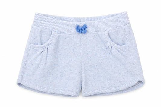 Front view of E-vie Angel girls’ blue boyfriend shorts, size 5, years