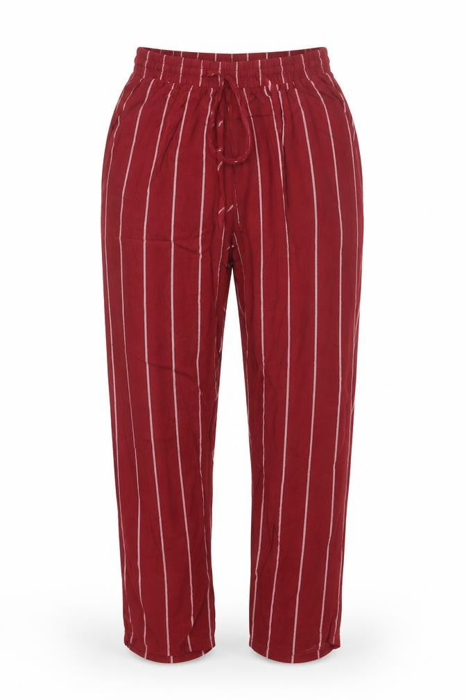 Front view of PRETTYLITTLETHING women’s red striped trousers, size UK 8, 23-inch leg