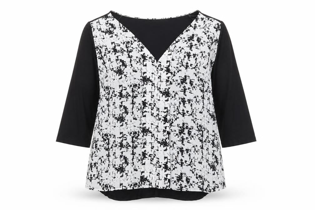 Front view of Papaya women’s black geometric jersey tunic blouse, size UK 14