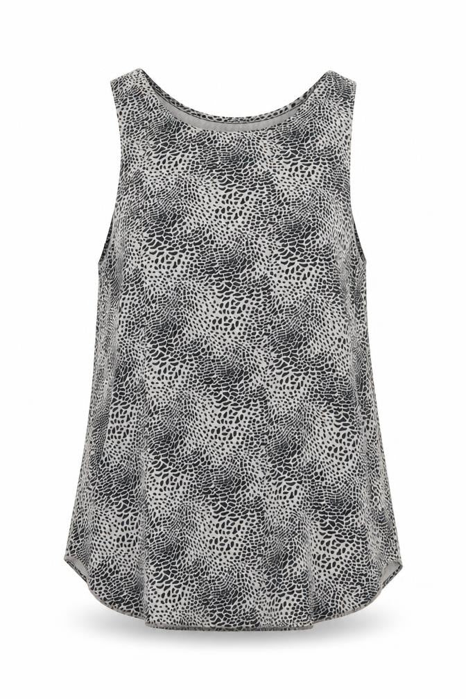 Front view of Decjuba women’s grey animal print jersey basic tank, size UK 10