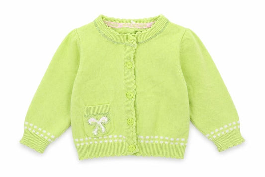 Front view of Marks & Spencer girls’ green knit cardigan jumper, size 3-6, months