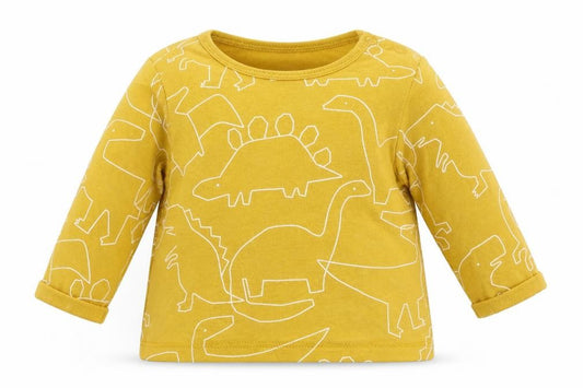 Front view of Next boys’ yellow geometric basic t-shirt, size 0-3, months - dinasours