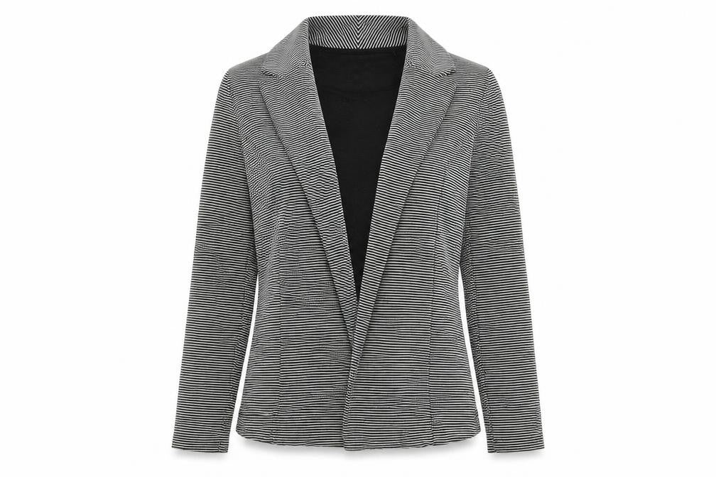 Front view of Next women’s black striped jacket blazer, size UK 10