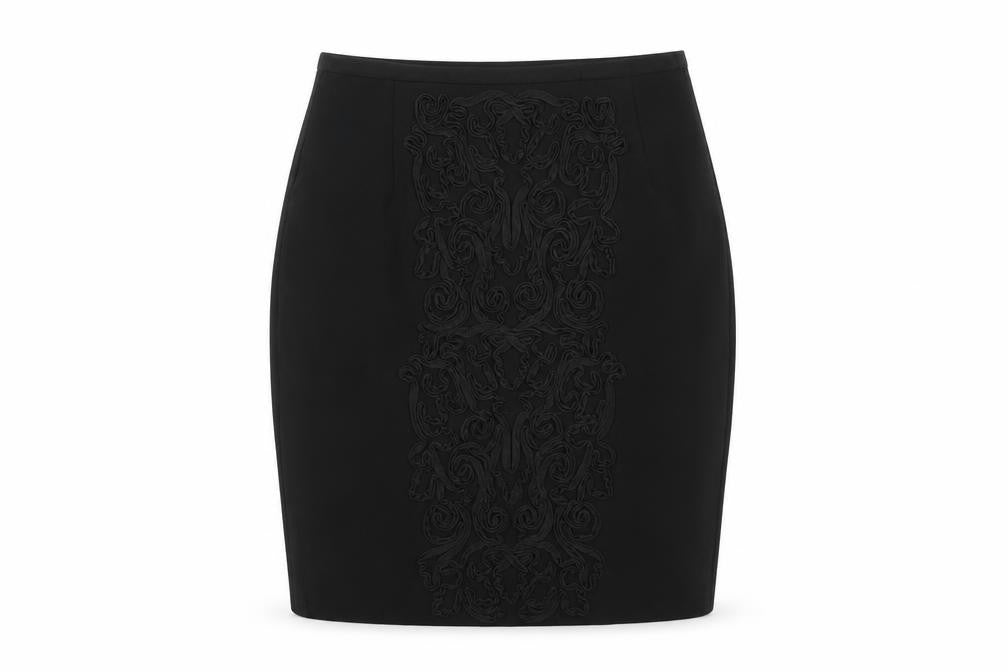 Front view of H&M women’s black floral a-line skirt, size UK 6