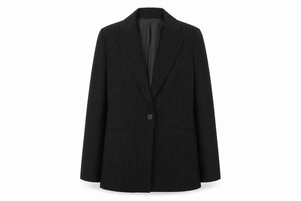 Front view of Klass women’s black striped jacket blazer, size UK 10