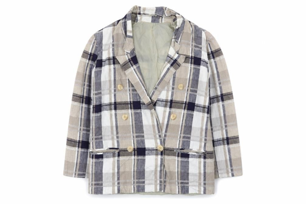 Front view of Preworn women’s multicoloured check jacket blazer, size UK 16