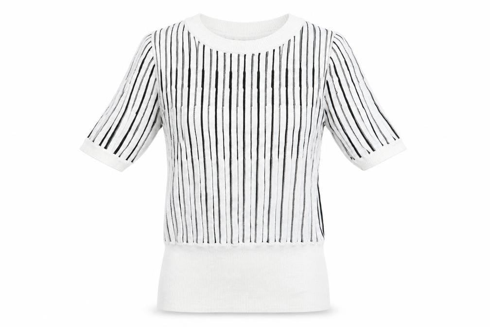 Front view of Marks & Spencer women’s white striped knit jumper, size UK 6