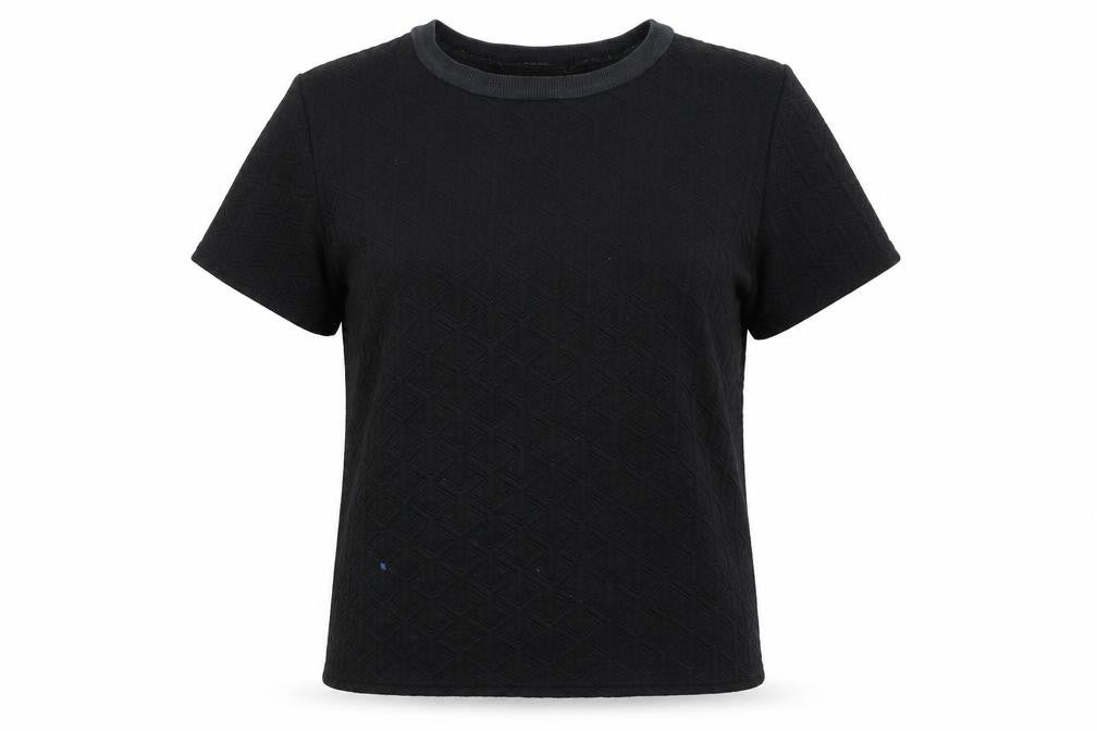Front view of Boohoo women’s black basic t-shirt, size UK 14