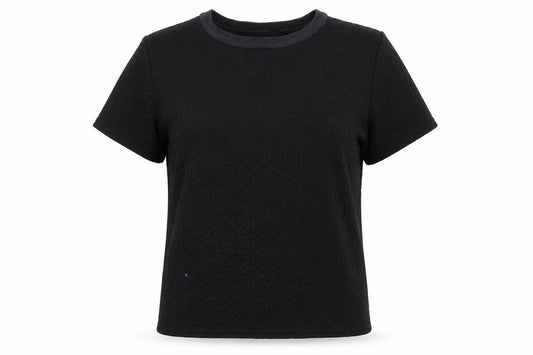 Front view of Boohoo women’s black basic t-shirt, size UK 14