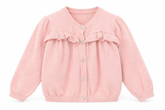 Front view of Primark girls’ pink cardigan jumper, size 6-9, months